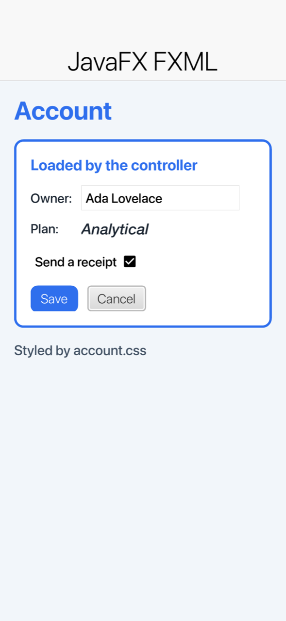 An FXML form with its controller and style sheet on an iPhone