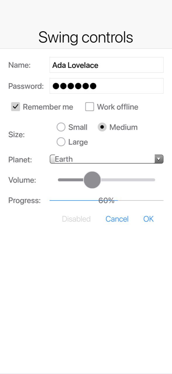 Swing text fields, check boxes, radio buttons, a combo box, a slider and a progress bar on an iPhone